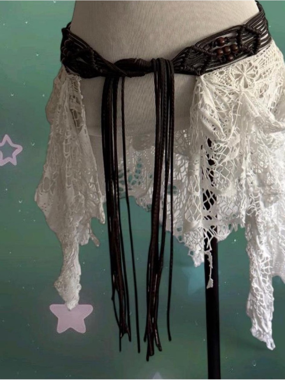 White Crochet Lace coverup with Brown Fringe Waistband